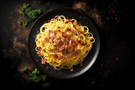 Spaghetti carbonara with bacon and parmesan on black plateの素材