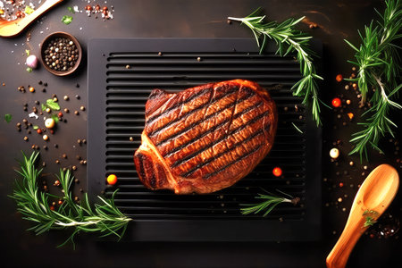 Grilled beef steak on grill pan with spices and herbs on dark backgroundの素材