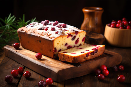 Cranberry cake with cranberries on a wooden background. Selective focus.の素材