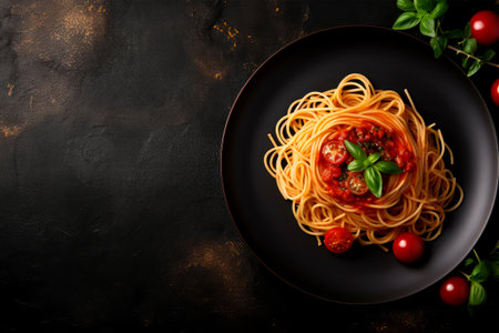 Spaghetti bolognese with tomato sauce, basil and parmesan cheese on black plate over dark background. Top view with copy spaceの素材