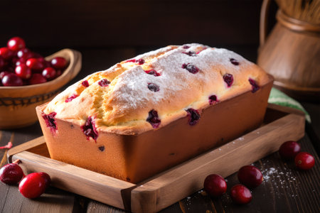 Cake with cranberries and sugar powder on a wooden background.の素材