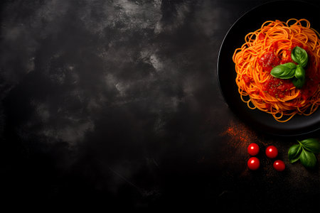 Spaghetti with tomato sauce and basil on black background. Top viewの素材