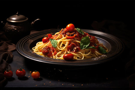 Spaghetti bolognese with tomato sauce and basil on black backgroundの素材