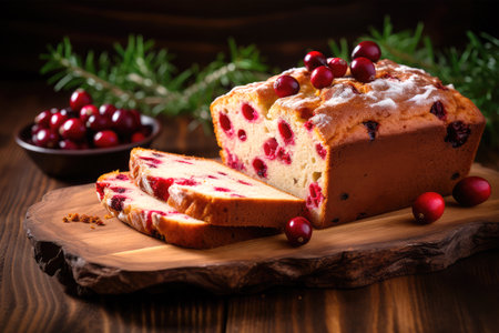 Christmas cake with cranberries and raisins on a wooden boardの素材