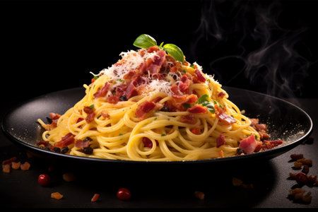 Spaghetti Carbonara with bacon and parmesan on black backgroundの素材