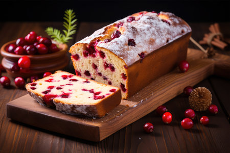 Cranberry cake with icing sugar and cranberries on wooden backgroundの素材