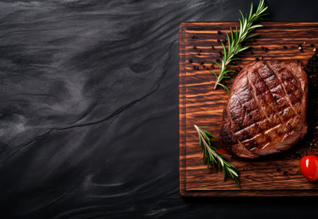 Grilled beef steak with rosemary and spices on a black backgroundの素材