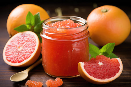 Grapefruit jam in a glass jar and fresh grapefruits on wooden backgroundの素材