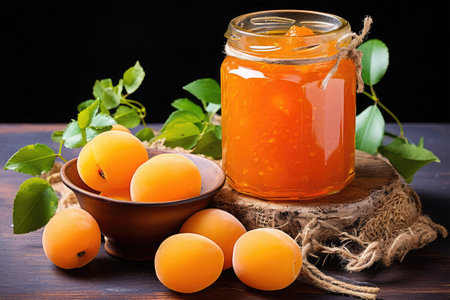 Apricot jam in a jar and fresh apricots on a wooden tableの素材