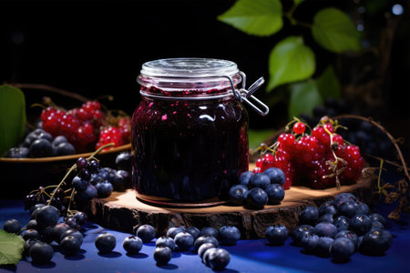 Blackberry and blueberry jam in a glass jar on a dark backgroundの素材