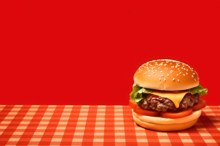 Hamburger on a red background with space for text or imageの素材