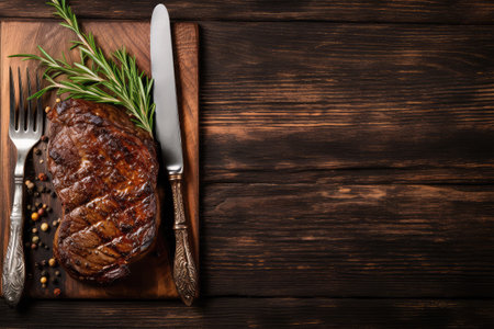 Grilled beef steak with rosemary and spices on wooden table, top viewの素材