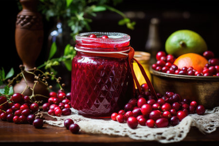 Cranberry jam in a glass jar on a wooden table.の素材