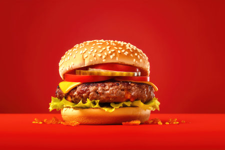 Big tasty cheeseburger on a red background. Copy space.の素材