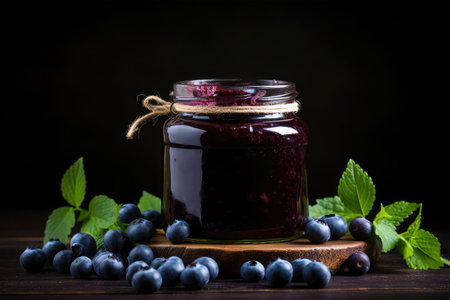 Homemade blueberry jam in a glass jar on a dark wooden backgroundの素材