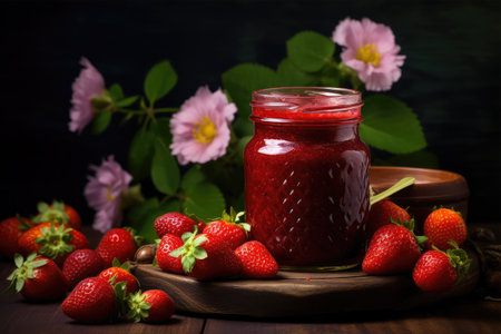 Strawberry jam in a glass jar on a dark wooden backgroundの素材