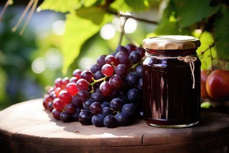 Grape jam in a glass jar and fresh grapes on a wooden tableの素材