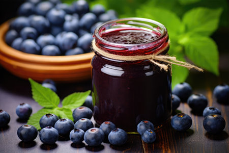 Blueberry jam in a glass jar and fresh berries on a wooden tableの素材