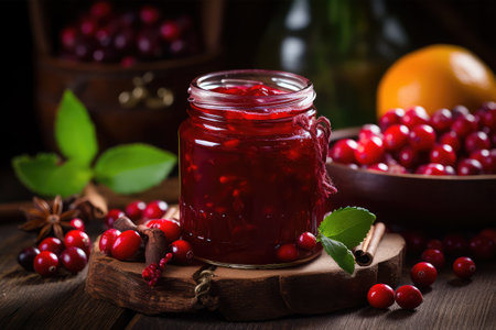 Cranberry jam in a glass jar with fresh cranberries on wooden backgroundの素材