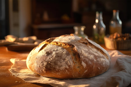Freshly baked bread on table, closeup. Bakery conceptの素材