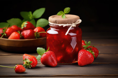 Strawberry jam in glass jar and fresh strawberries on wooden backgroundの素材