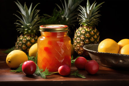 Fruit jam in a glass jar on a wooden table with fruitの素材