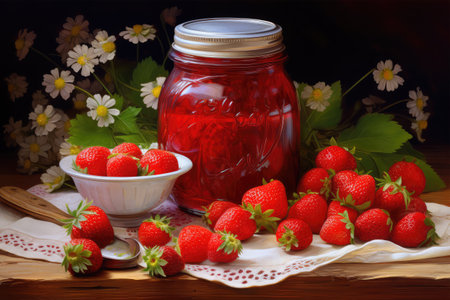 Strawberry jam in a jar and fresh strawberries on a wooden tableの素材