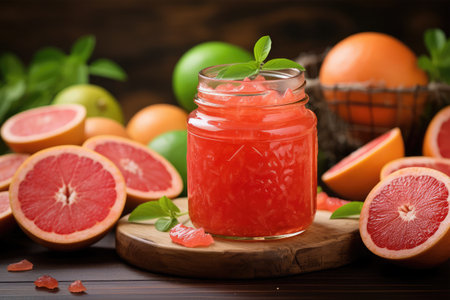 Grapefruit, orange, lemon and mint in a glass jar on a wooden backgroundの素材