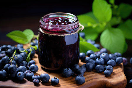 Blueberry jam in a glass jar with fresh berries on a wooden backgroundの素材