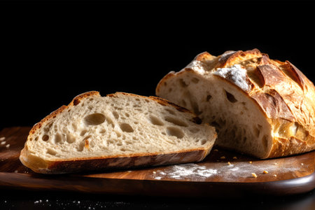 Freshly baked bread on a cutting board on a black background.の素材