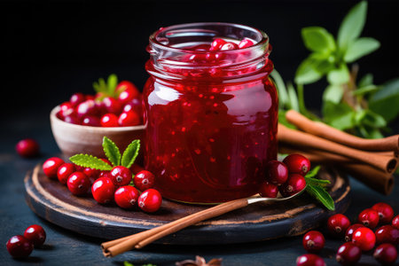 Cranberry jam in a glass jar with fresh cranberries and cinnamonの素材
