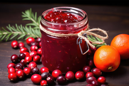 Cranberry jam in glass jar and fresh cranberries on wooden backgroundの素材