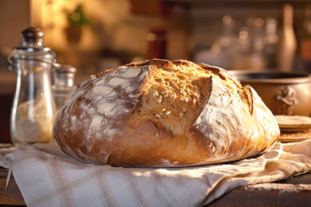 Freshly baked homemade bread on the table in a rustic kitchenの素材