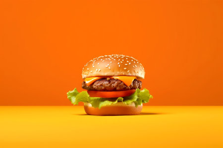 Cheeseburger on orange background with copy space. Fast food conceptの素材