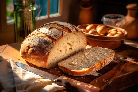 Freshly baked bread on a wooden table. Selective focus.の素材