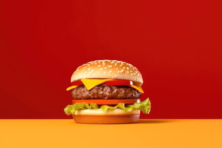 Hamburger on a red background with space for your text.の素材