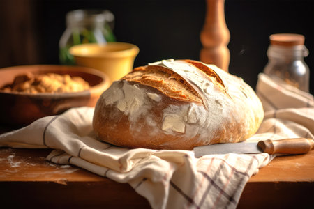 Freshly baked bread on a wooden table. Selective focus.の素材