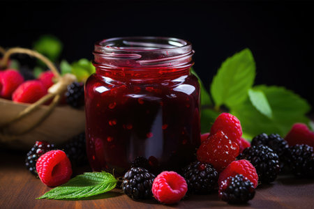 Raspberry jam in a glass jar with fresh berries on wooden tableの素材