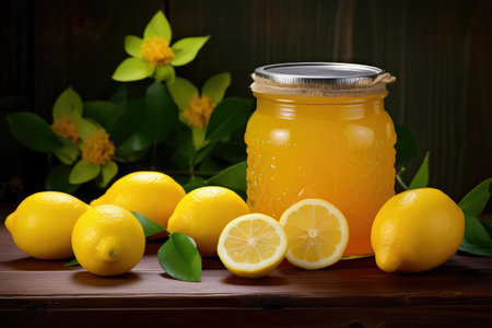 Citrus jam in a glass jar and fresh lemons on wooden backgroundの素材