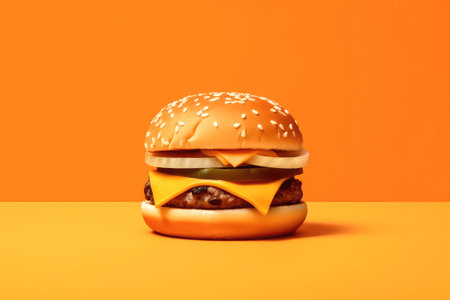 Hamburger on orange background with copy space. Fast food concept.の素材