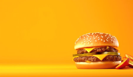 Tasty cheeseburger on orange background, closeup. Space for textの素材