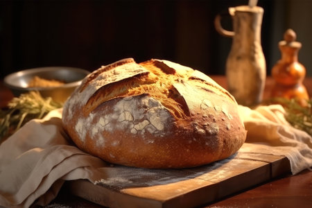 Freshly baked bread on a wooden board with flour and olive oilの素材
