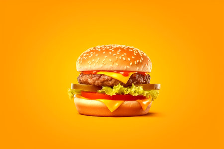 Big tasty cheeseburger on orange background. Fast food concept.の素材