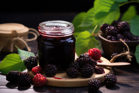 Blackberry jam in glass jar and fresh berries on black wooden backgroundの素材