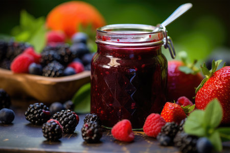 Homemade berry jam in a jar with fresh berries and fruitsの素材
