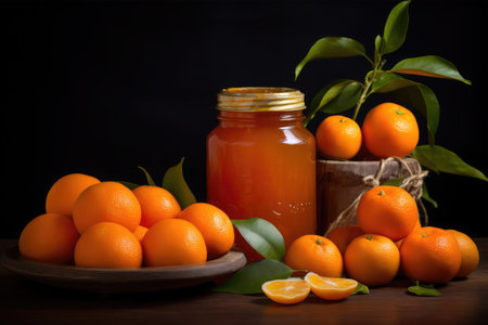 Citrus jam in a jar and tangerines on a wooden tableの素材