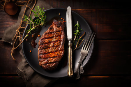Grilled beef steak with rosemary and knife on dark wooden backgroundの素材