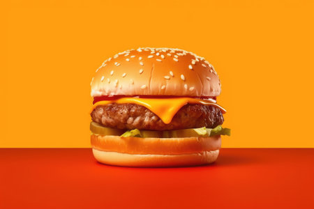 Big tasty cheeseburger on a bright orange background with copy spaceの素材