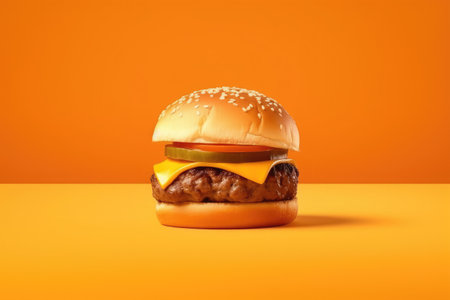 Cheeseburger on orange background. Fast food concept. Copy space.の素材