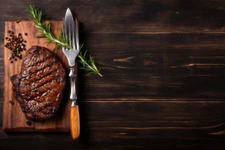 Grilled beef steak on cutting board. Top view with copy spaceの素材